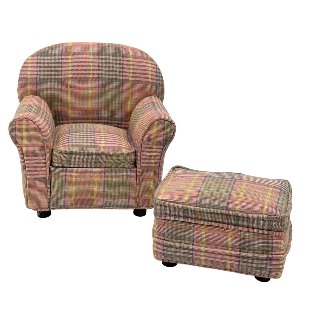 Miniature Plaid Upholstered Armchair and Ottoman Set Pink Green Yellow